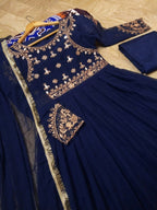 3Pcs Mirror Work Embroidered Chiffon Maxi Suit with Lace Dupatta & Trouser