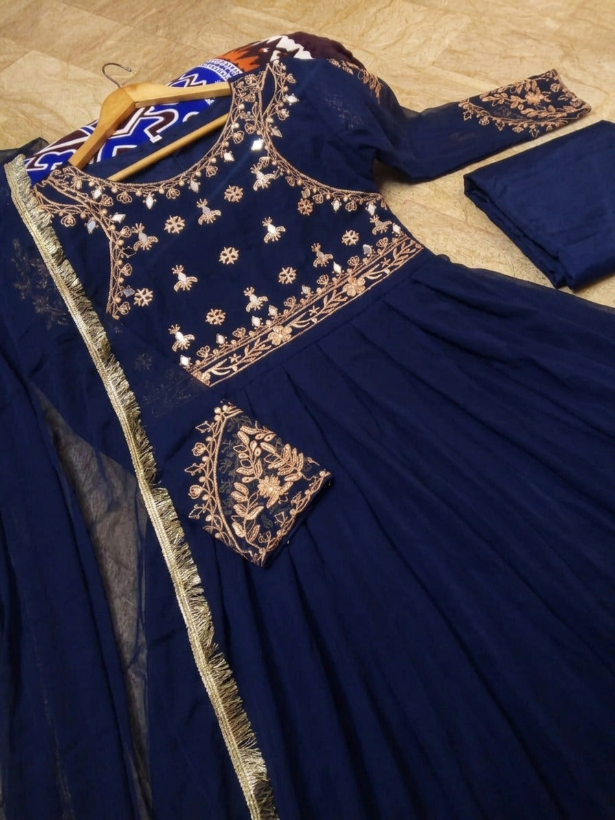 3Pcs Mirror Work Embroidered Chiffon Maxi Suit with Lace Dupatta & Trouser