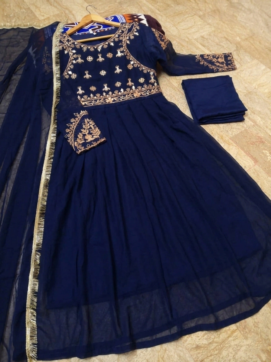 3Pcs Mirror Work Embroidered Chiffon Maxi Suit with Lace Dupatta & Trouser