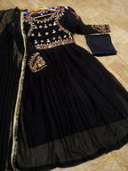 3Pcs Mirror Work Embroidered Chiffon Maxi Suit with Lace Dupatta & Trouser