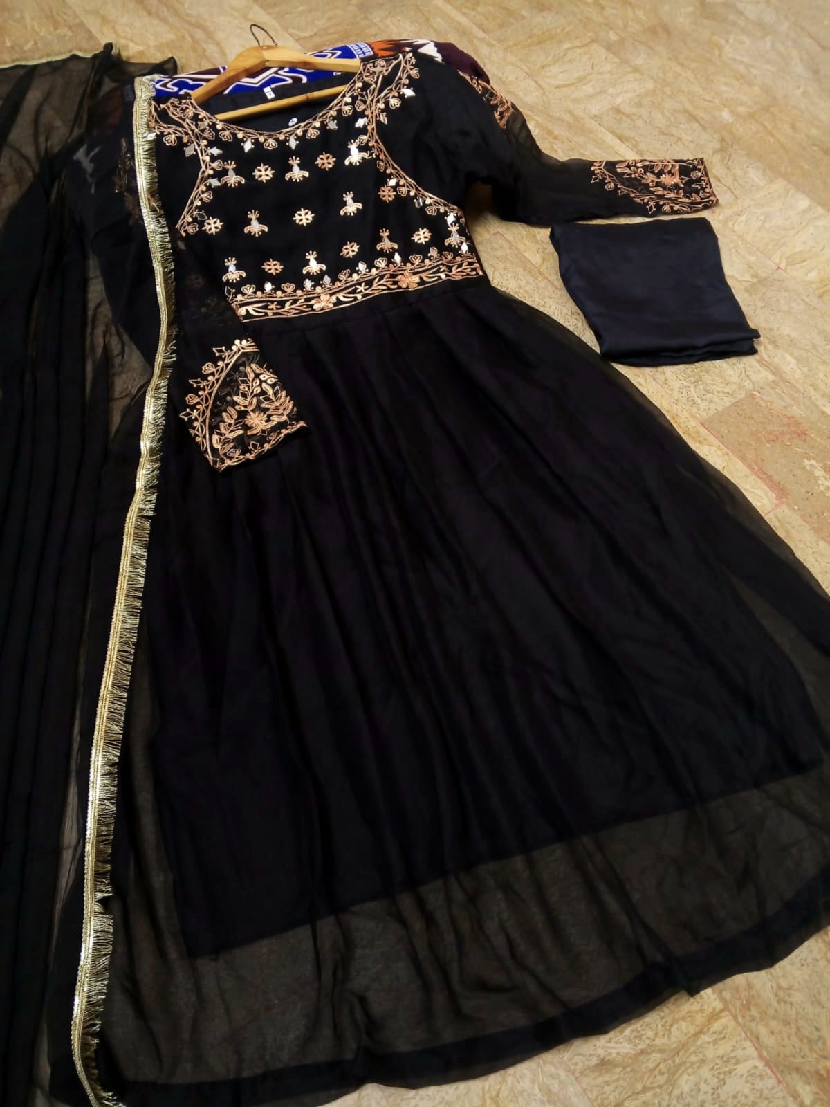 3Pcs Mirror Work Embroidered Chiffon Maxi Suit with Lace Dupatta & Trouser