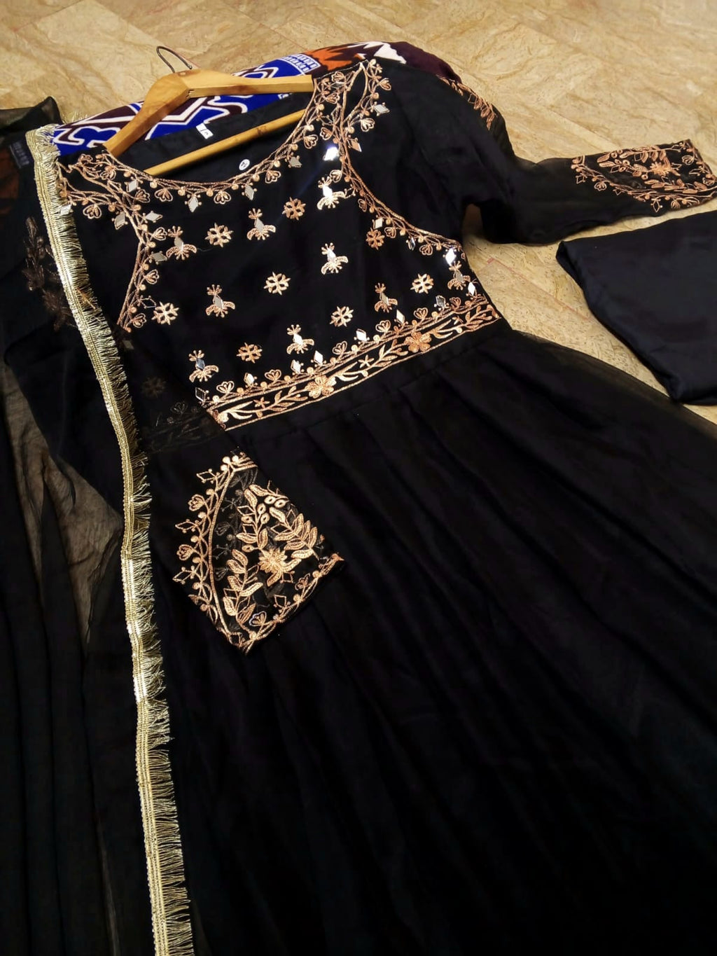 3Pcs Mirror Work Embroidered Chiffon Maxi Suit with Lace Dupatta & Trouser