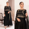 3Pcs Mirror Work Embroidered Chiffon Maxi Suit with Lace Dupatta & Trouser