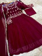 3Pcs Mirror Work Embroidered Chiffon Maxi Suit with Lace Dupatta & Trouser