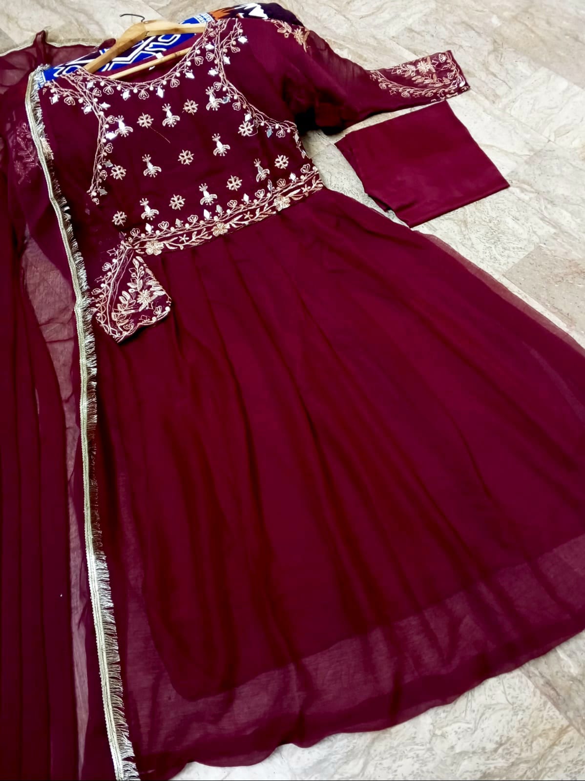 3Pcs Mirror Work Embroidered Chiffon Maxi Suit with Lace Dupatta & Trouser