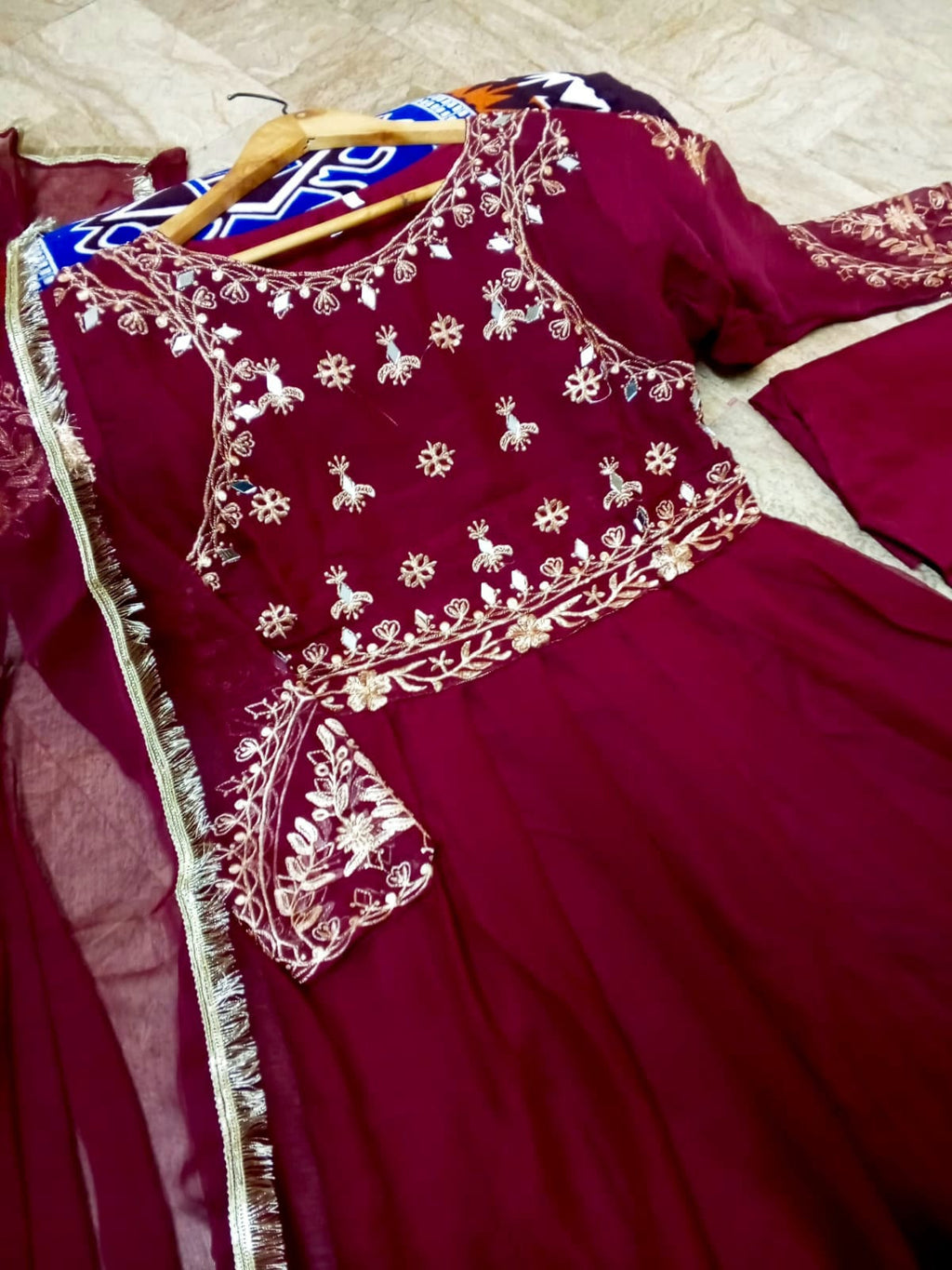 3Pcs Mirror Work Embroidered Chiffon Maxi Suit with Lace Dupatta & Trouser
