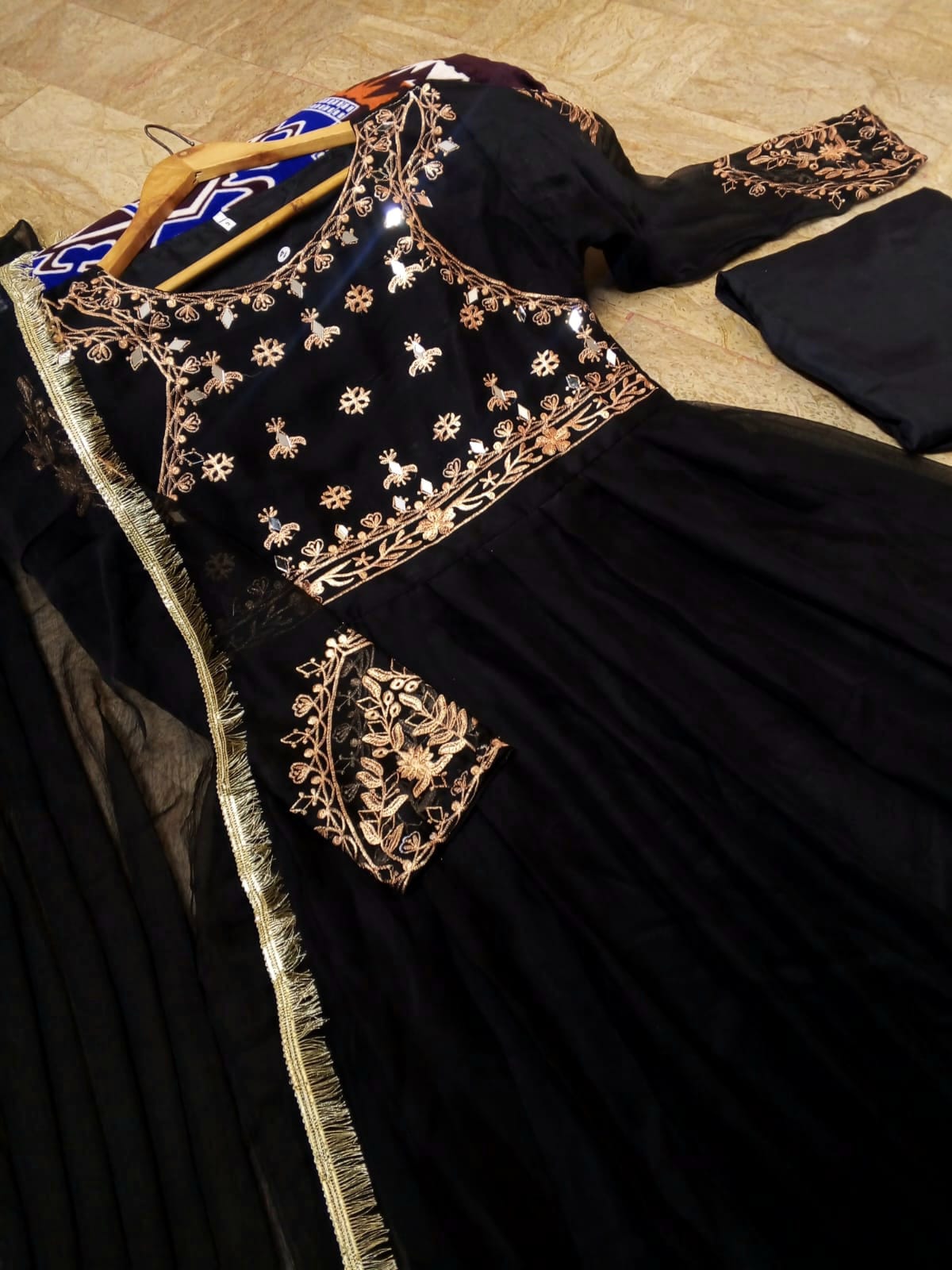 3Pcs Mirror Work Embroidered Chiffon Maxi Suit with Lace Dupatta & Trouser
