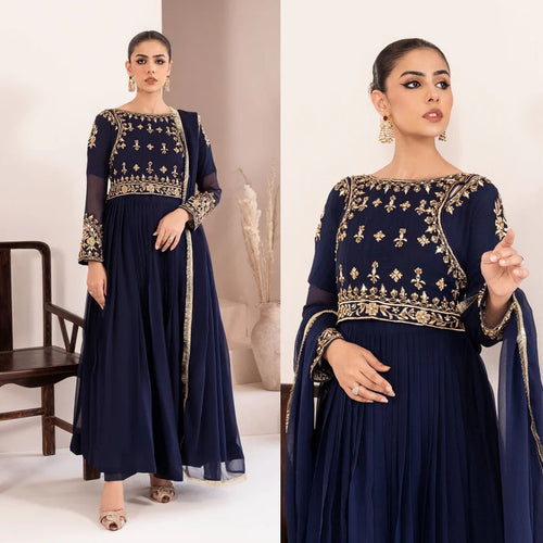 3Pcs Mirror Work Embroidered Chiffon Maxi Suit with Lace Dupatta & Trouser