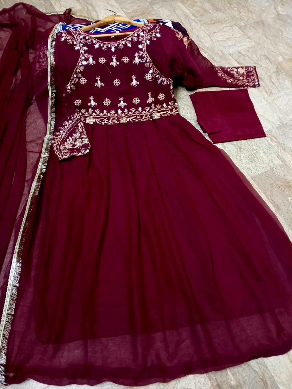 3Pcs Mirror Work Embroidered Chiffon Maxi Suit with Lace Dupatta & Trouser