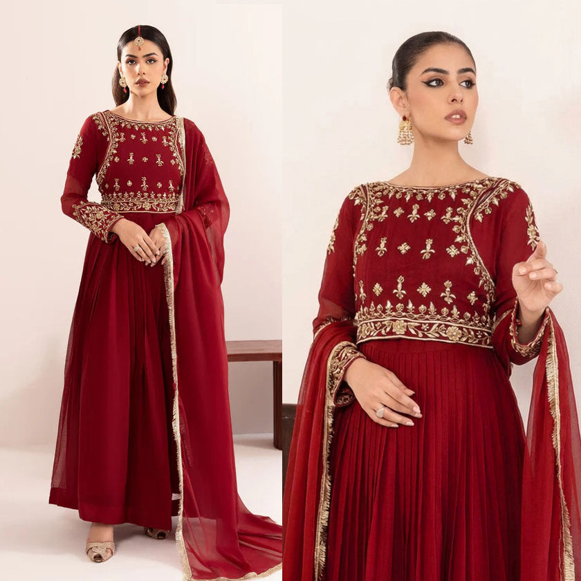 3Pcs Mirror Work Embroidered Chiffon Maxi Suit with Lace Dupatta & Trouser