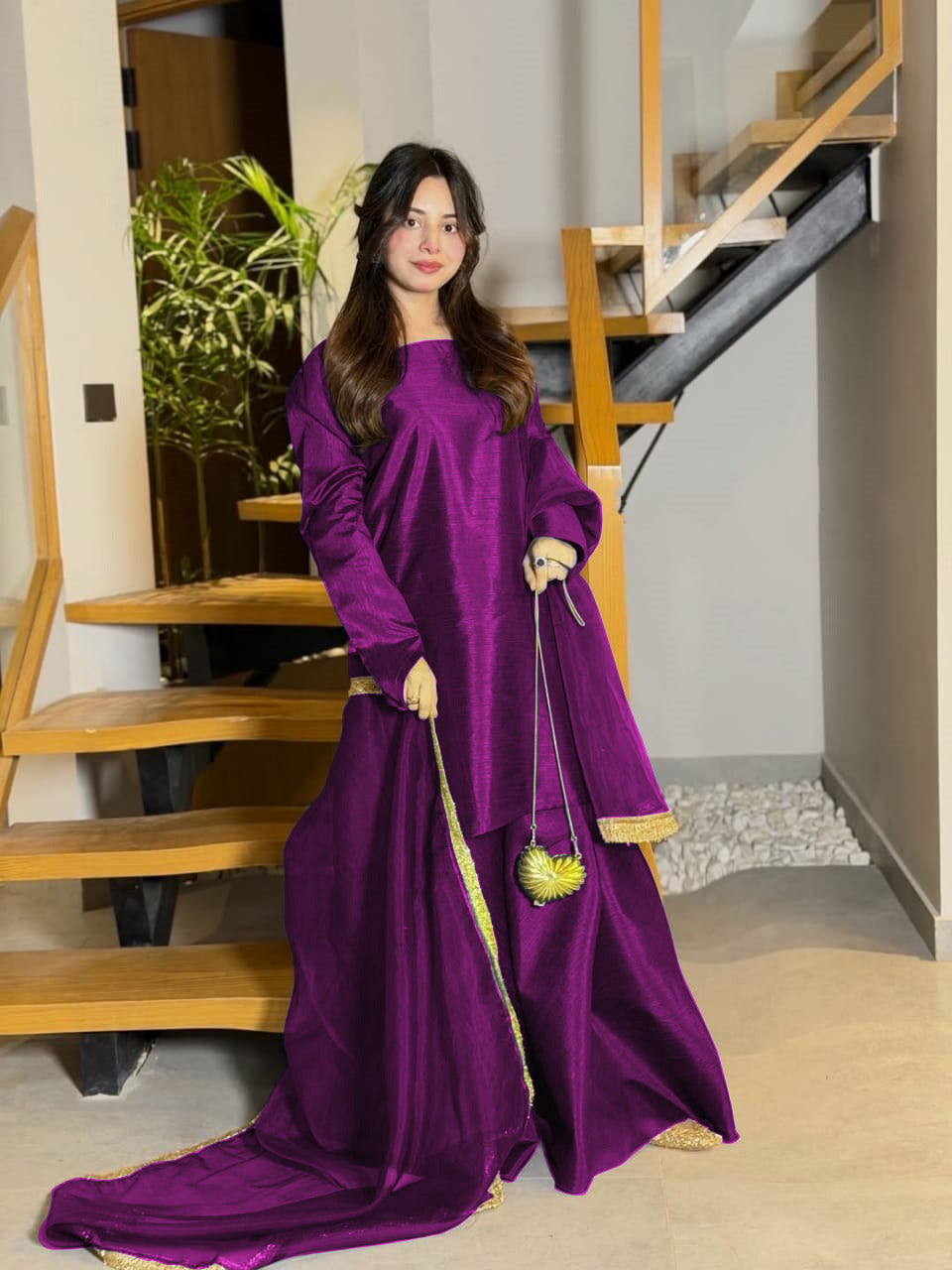 Long Flare Silk Sharara and Shirt Set with Lace Work Chiffon Dupatta 3-Piece