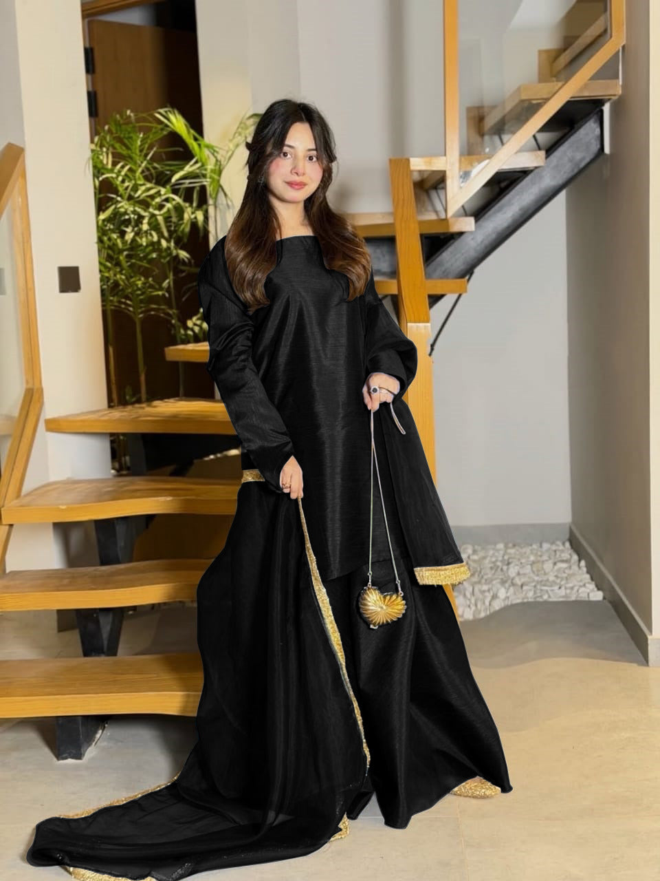 Long Flare Silk Sharara and Shirt Set with Lace Work Chiffon Dupatta 3-Piece