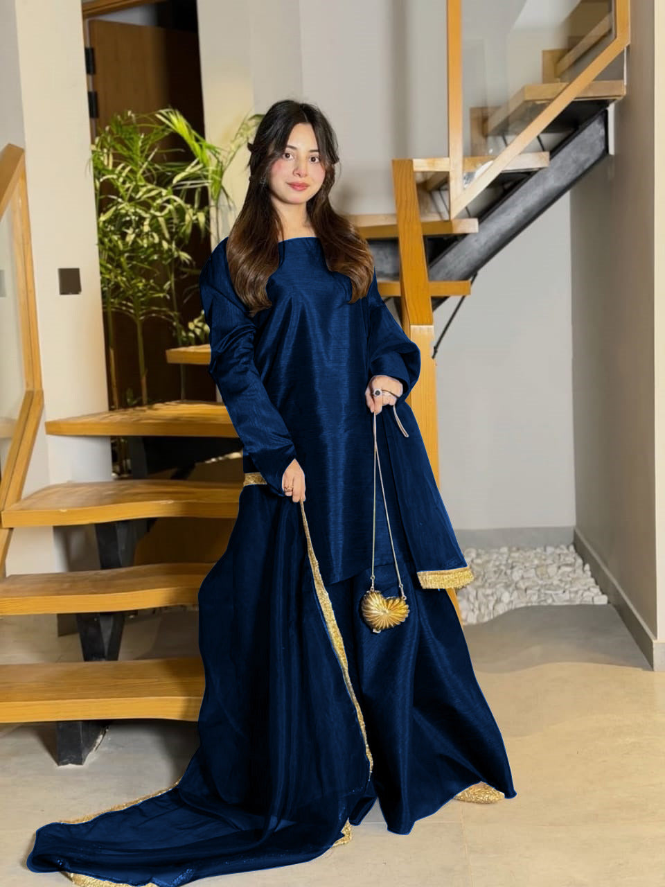Long Flare Silk Sharara and Shirt Set with Lace Work Chiffon Dupatta 3-Piece