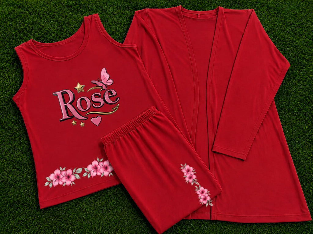 Women's Red Rose Printed 3-Piece Jersey Night Suit (Inner, Gown & Trouser)