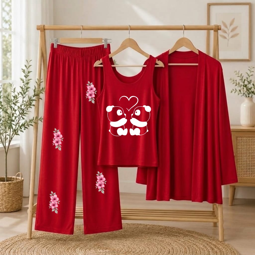 Women's Red Rose Printed 3-Piece Jersey Night Suit (Inner, Gown & Trouser)