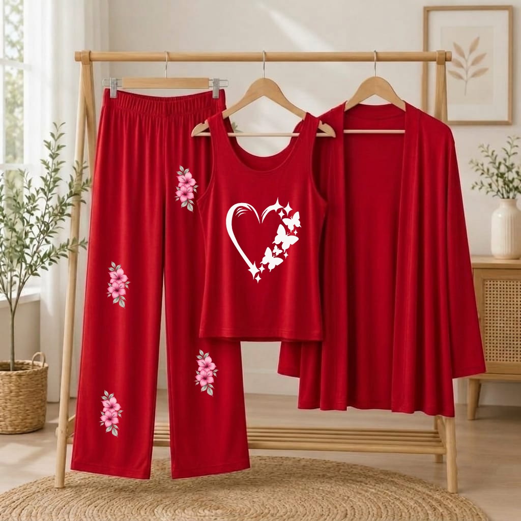 Women's Red Rose Printed 3-Piece Jersey Night Suit (Inner, Gown & Trouser)