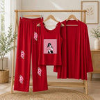 Women's Red Rose Printed 3-Piece Jersey Night Suit (Inner, Gown & Trouser)