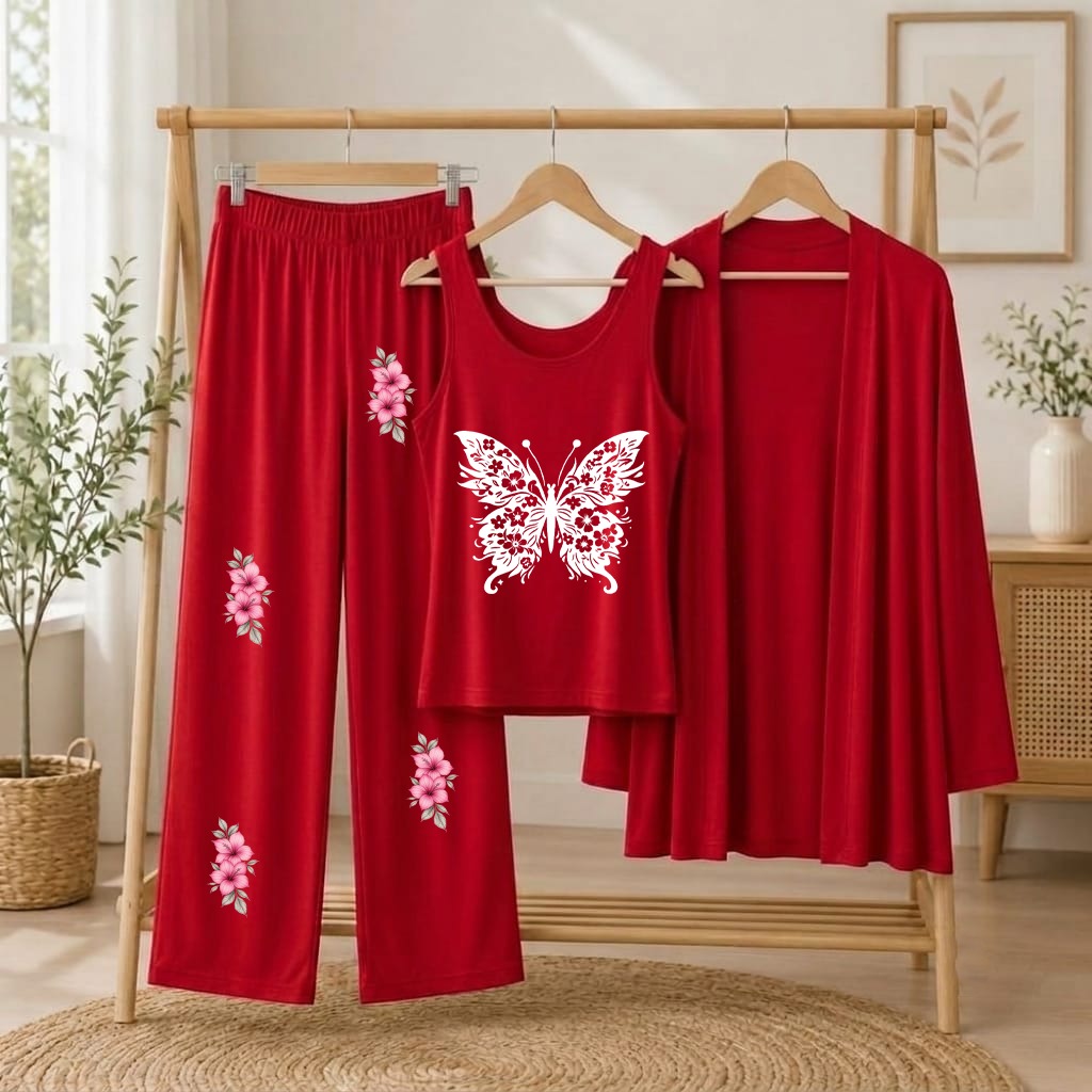 Women's Red Rose Printed 3-Piece Jersey Night Suit (Inner, Gown & Trouser)
