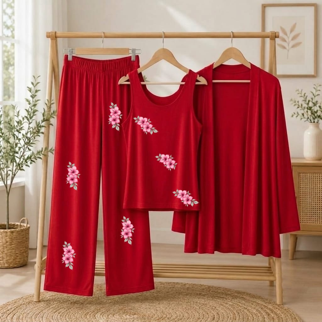 Women's Red Rose Printed 3-Piece Jersey Night Suit (Inner, Gown & Trouser)