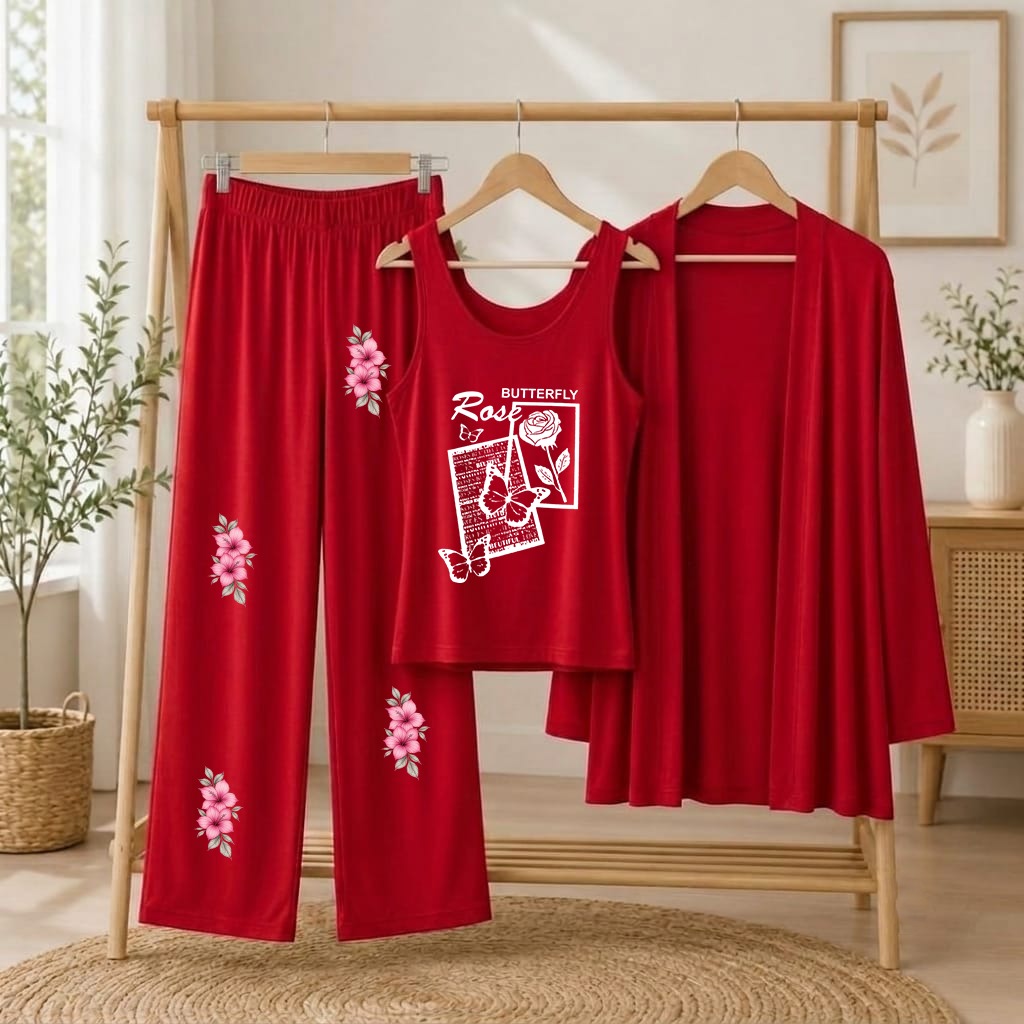 Women's Red Rose Printed 3-Piece Jersey Night Suit (Inner, Gown & Trouser)