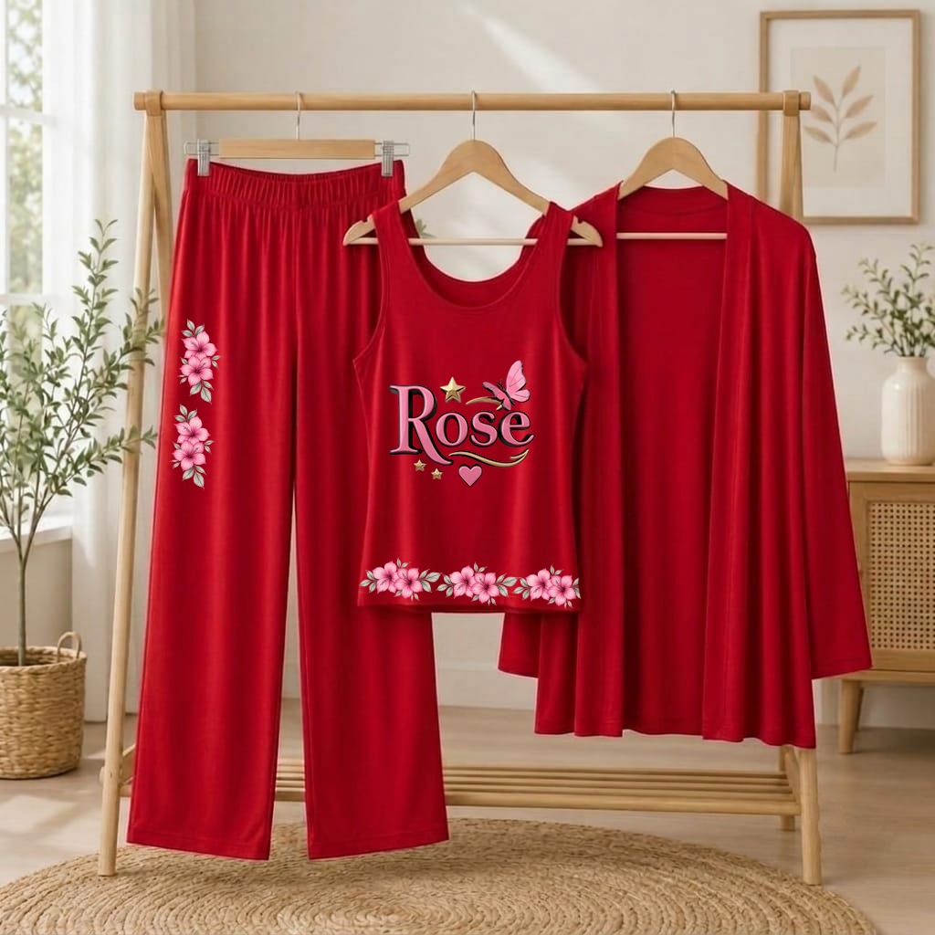 Women's Red Rose Printed 3-Piece Jersey Night Suit (Inner, Gown & Trouser)