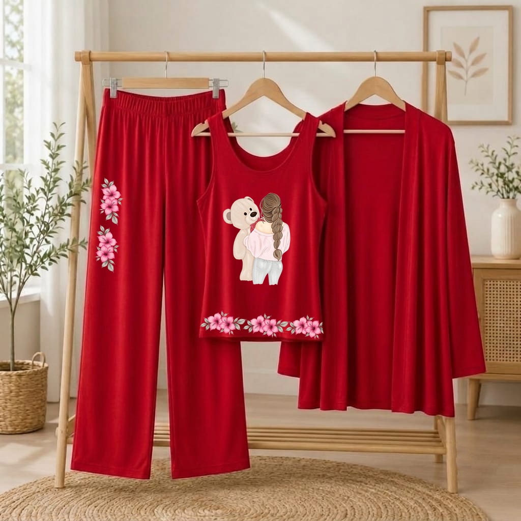 Women's Red Rose Printed 3-Piece Jersey Night Suit (Inner, Gown & Trouser)