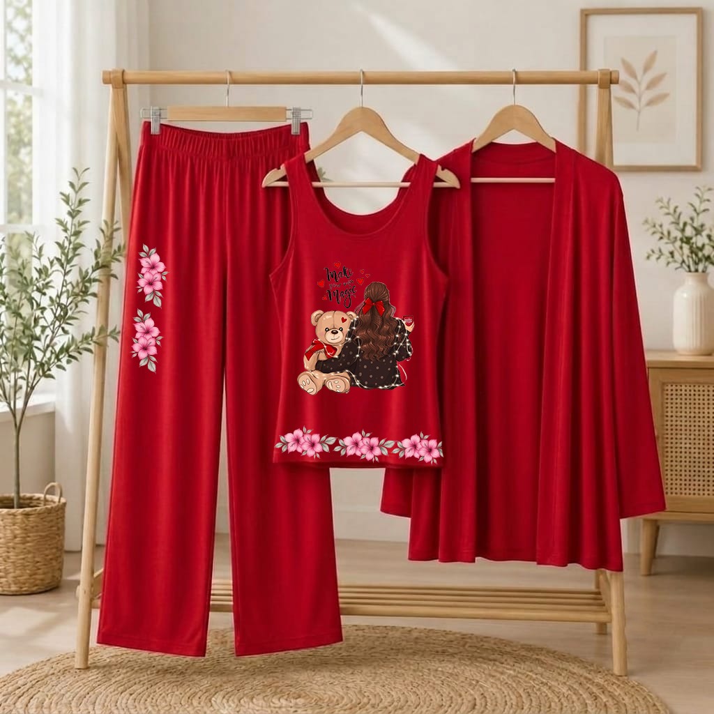 Women's Red Rose Printed 3-Piece Jersey Night Suit (Inner, Gown & Trouser)