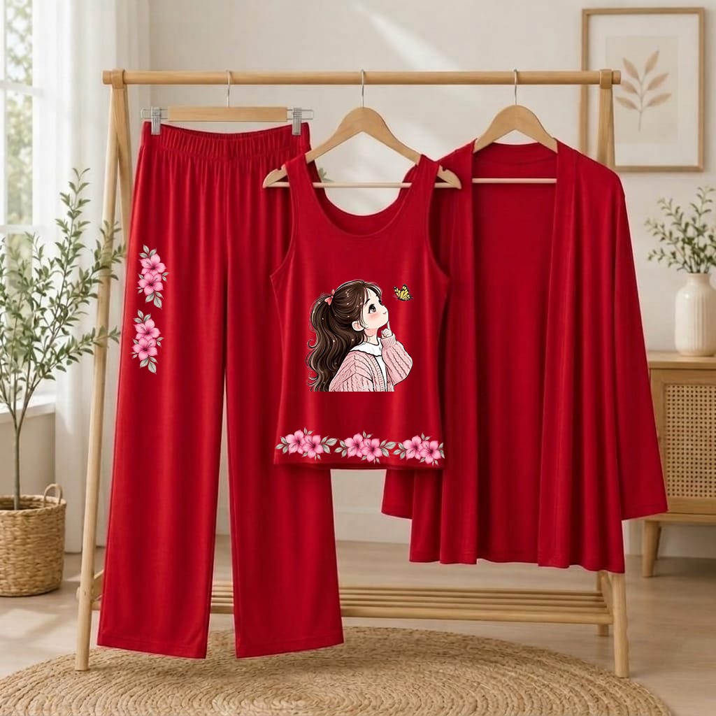 Women's Red Rose Printed 3-Piece Jersey Night Suit (Inner, Gown & Trouser)