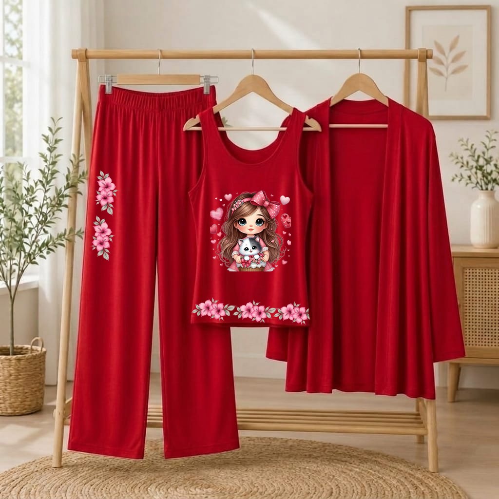 Women's Red Rose Printed 3-Piece Jersey Night Suit (Inner, Gown & Trouser)