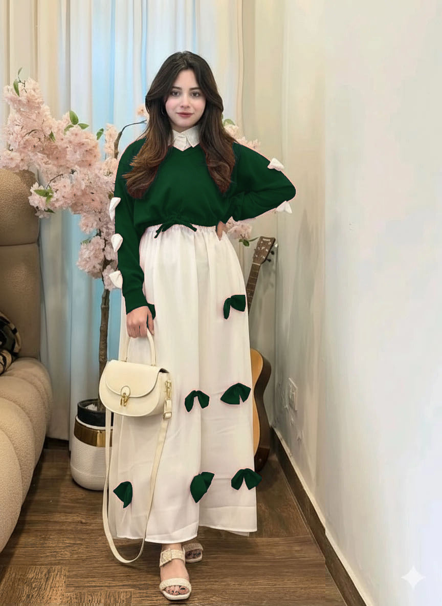 Ready to Wear Premium Georgette 2-Piece Maxi Set with V-Neck Bow Top & Contrast Flare Maxi (9 Colors)