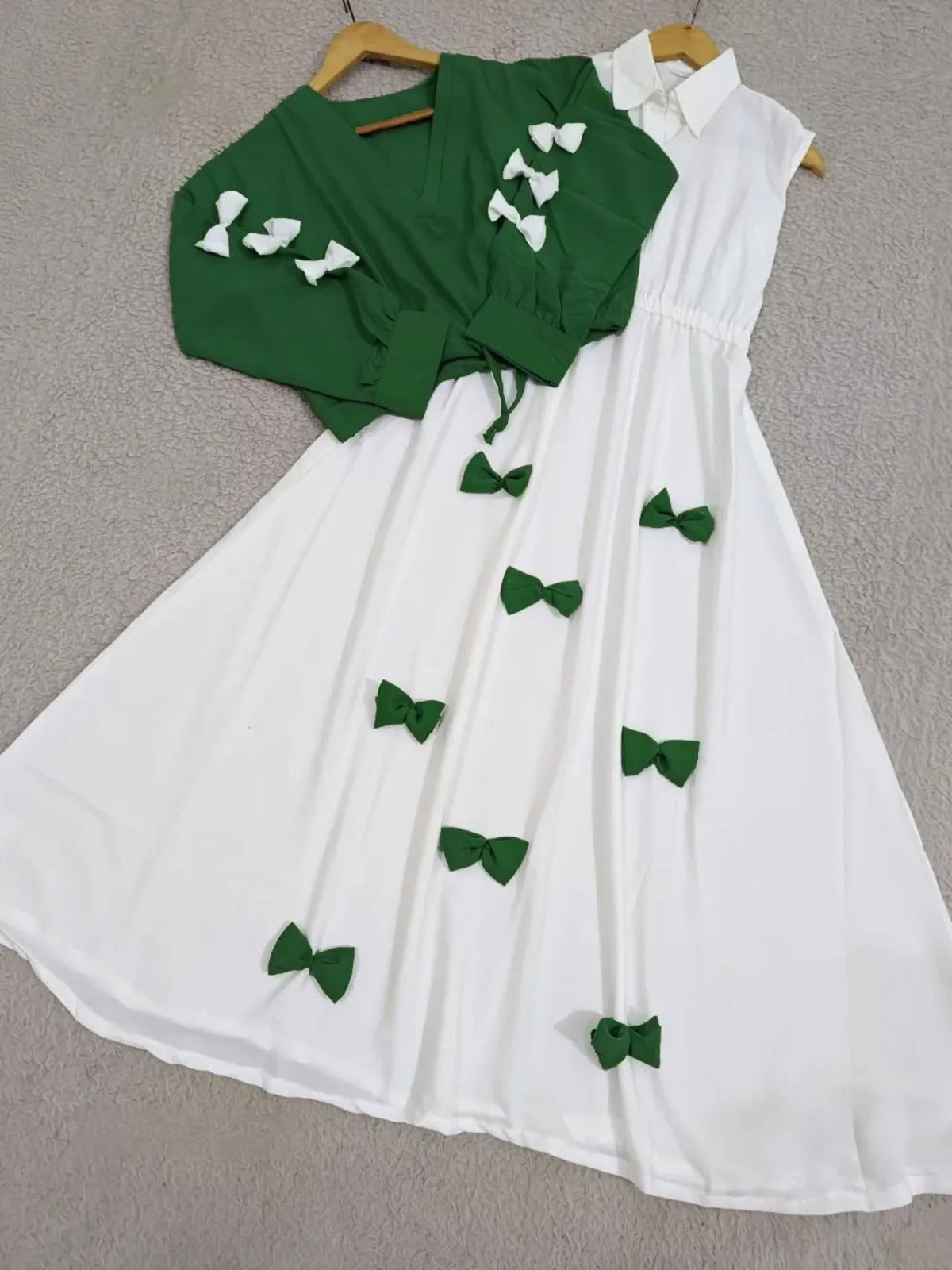 Ready to Wear Premium Georgette 2-Piece Maxi Set with V-Neck Bow Top & Contrast Flare Maxi (9 Colors)