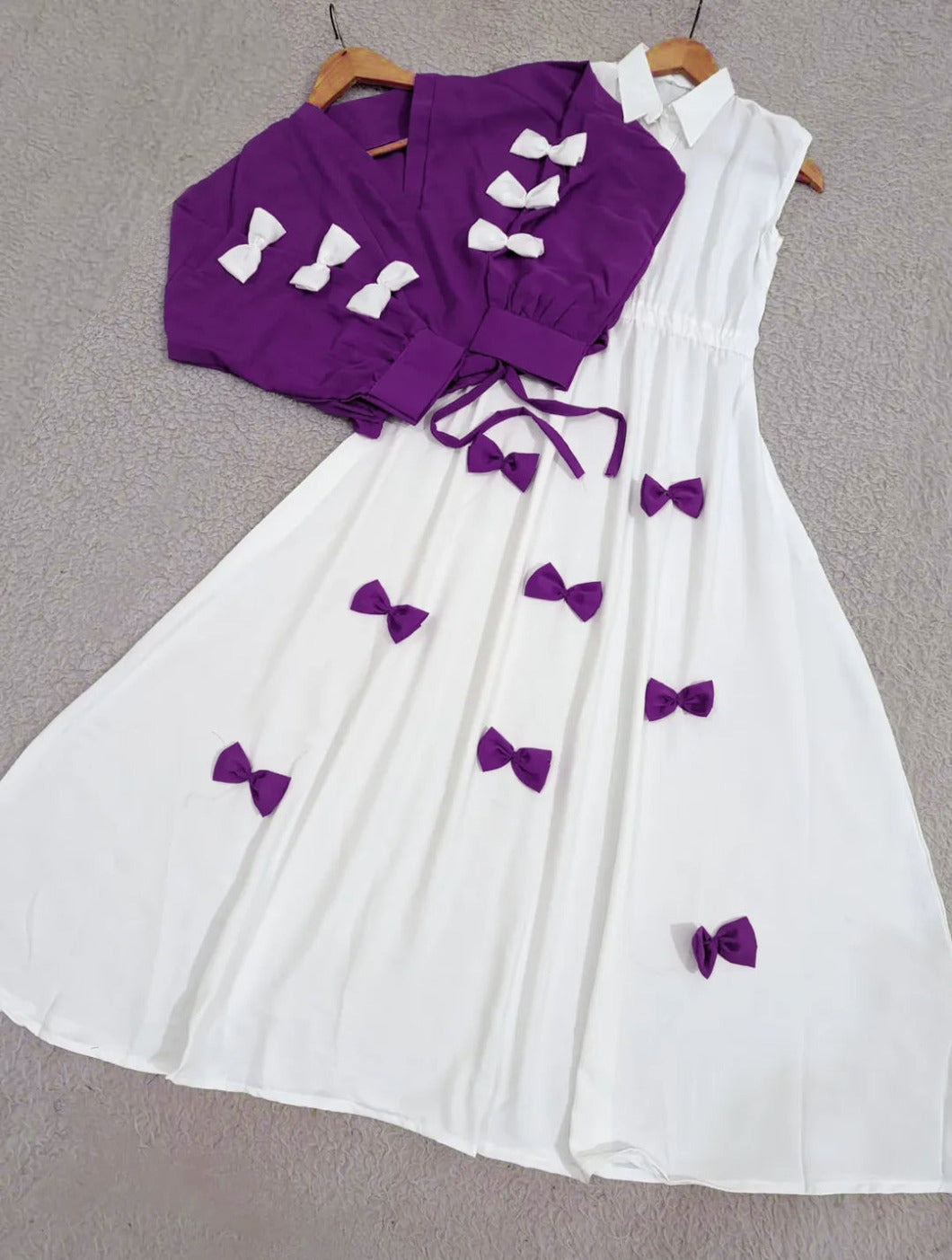 Ready to Wear Premium Georgette 2-Piece Maxi Set with V-Neck Bow Top & Contrast Flare Maxi (9 Colors)