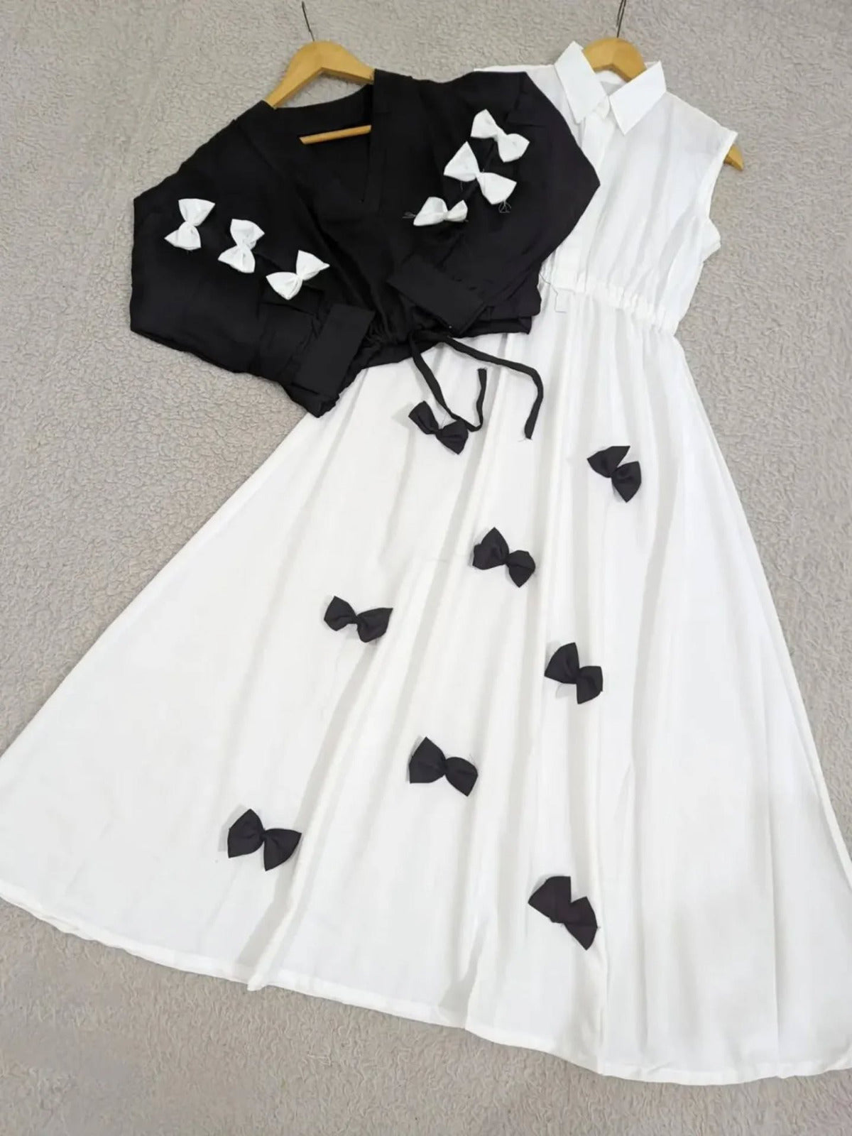 Ready to Wear Premium Georgette 2-Piece Maxi Set with V-Neck Bow Top & Contrast Flare Maxi (9 Colors)