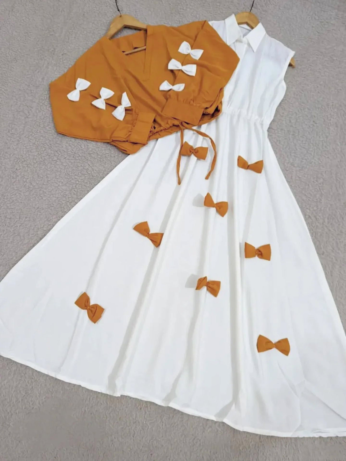Ready to Wear Premium Georgette 2-Piece Maxi Set with V-Neck Bow Top & Contrast Flare Maxi (9 Colors)