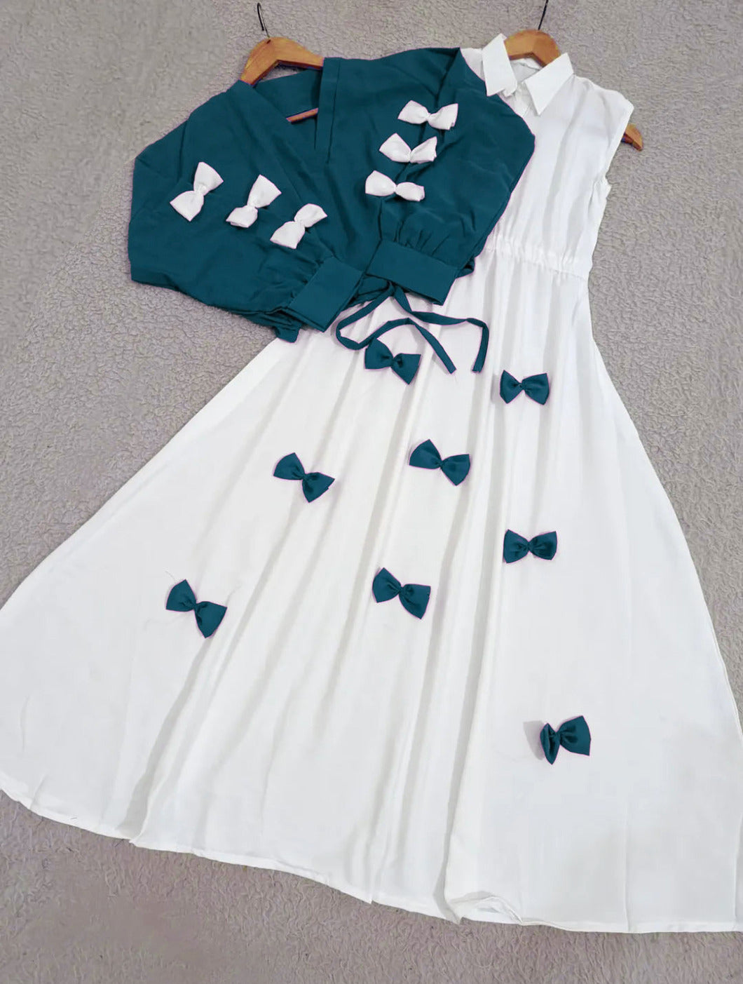 Ready to Wear Premium Georgette 2-Piece Maxi Set with V-Neck Bow Top & Contrast Flare Maxi (9 Colors)
