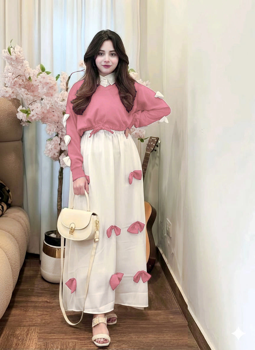 Ready to Wear Premium Georgette 2-Piece Maxi Set with V-Neck Bow Top & Contrast Flare Maxi (9 Colors)