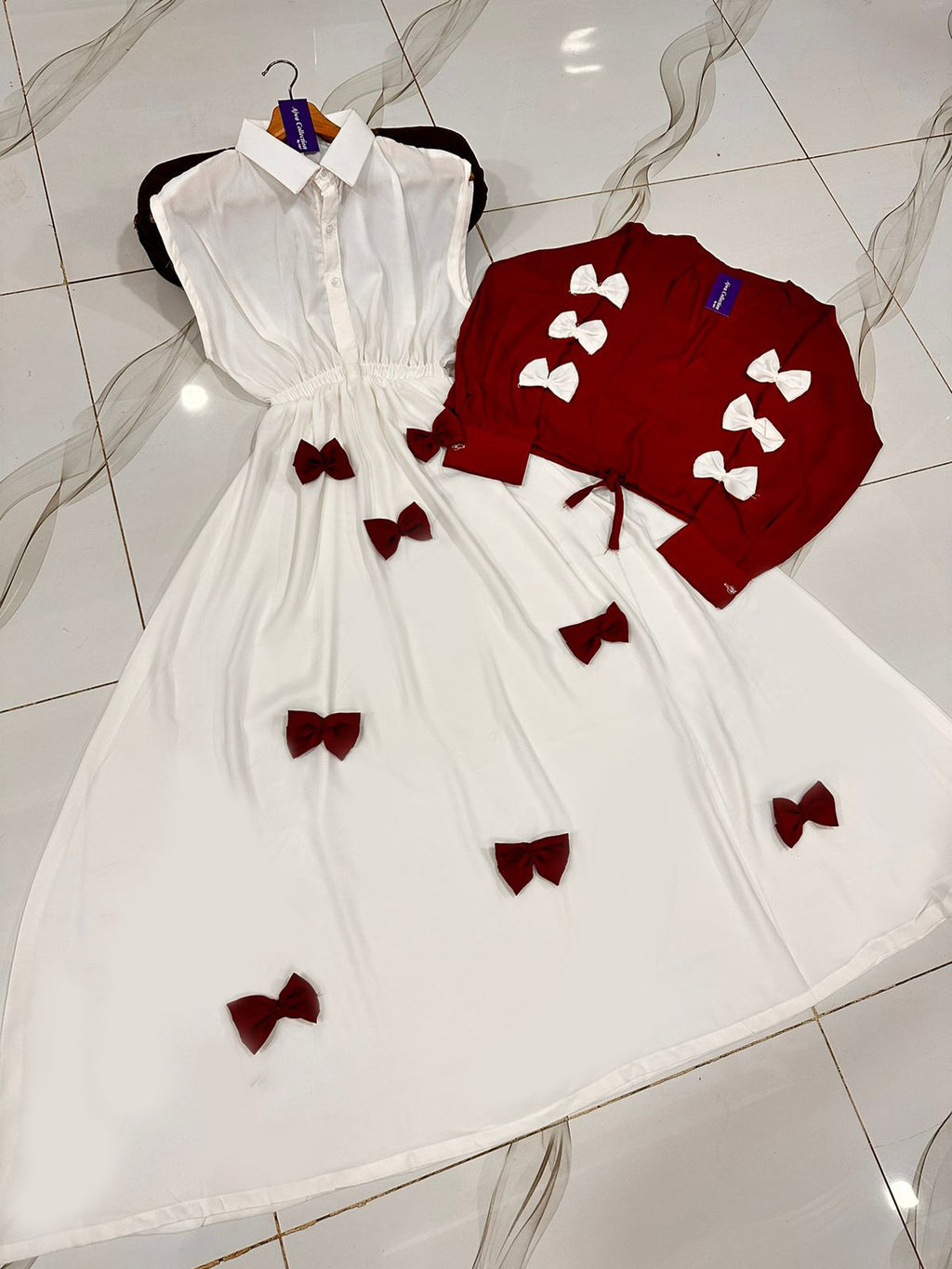 Ready to Wear Premium Georgette 2-Piece Maxi Set with V-Neck Bow Top & Contrast Flare Maxi (9 Colors)