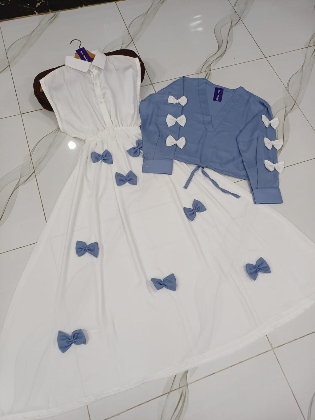 Ready to Wear Premium Georgette 2-Piece Maxi Set with V-Neck Bow Top & Contrast Flare Maxi (9 Colors)