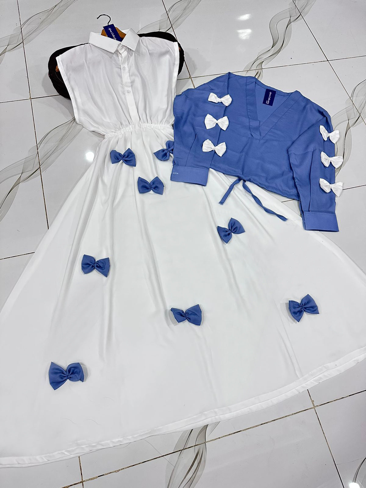Ready to Wear Premium Georgette 2-Piece Maxi Set with V-Neck Bow Top & Contrast Flare Maxi (9 Colors)