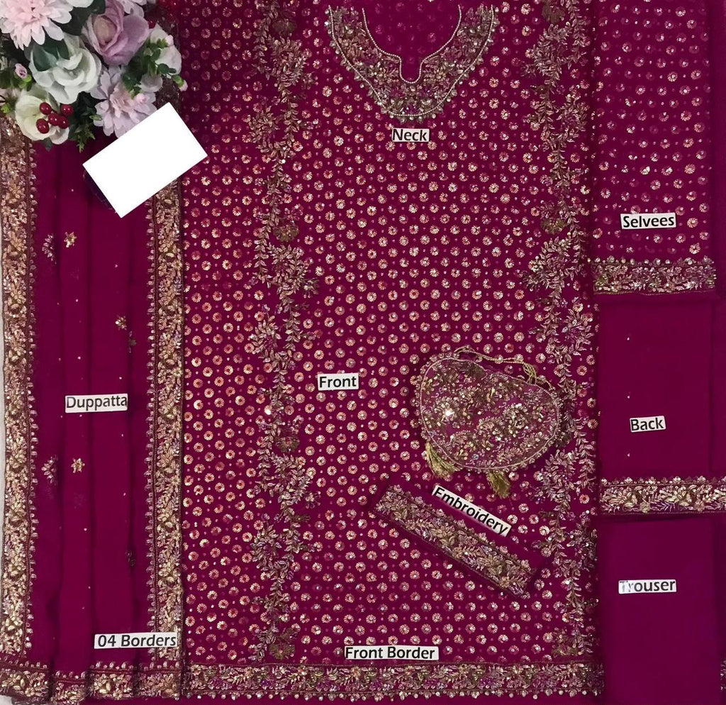 3-Piece Women's Heavy Embroidered Addawork Chiffon Suit with Potli Pouch & Raw Silk Trouser