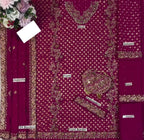 3-Piece Women's Heavy Embroidered Addawork Chiffon Suit with Potli Pouch & Raw Silk Trouser