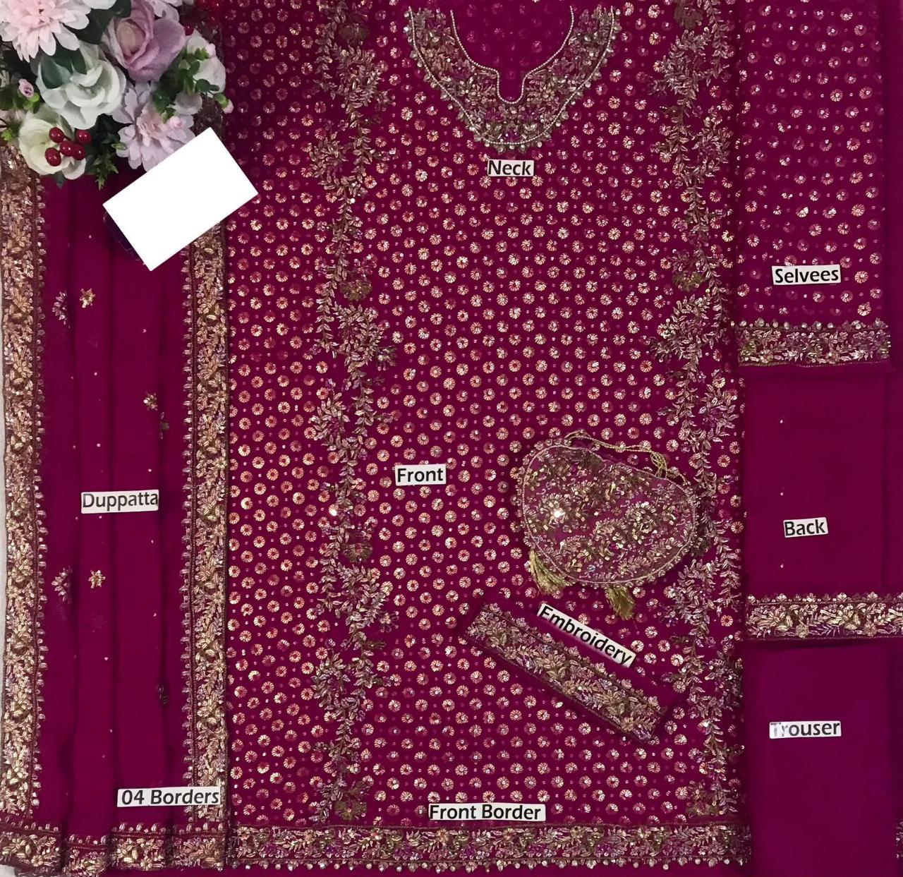 3-Piece Women's Heavy Embroidered Addawork Chiffon Suit with Potli Pouch & Raw Silk Trouser