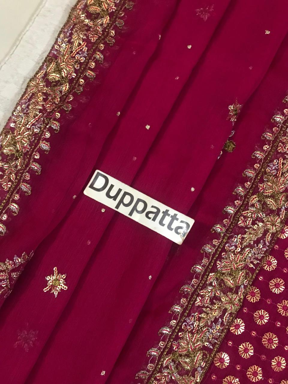 3-Piece Women's Heavy Embroidered Addawork Chiffon Suit with Potli Pouch & Raw Silk Trouser