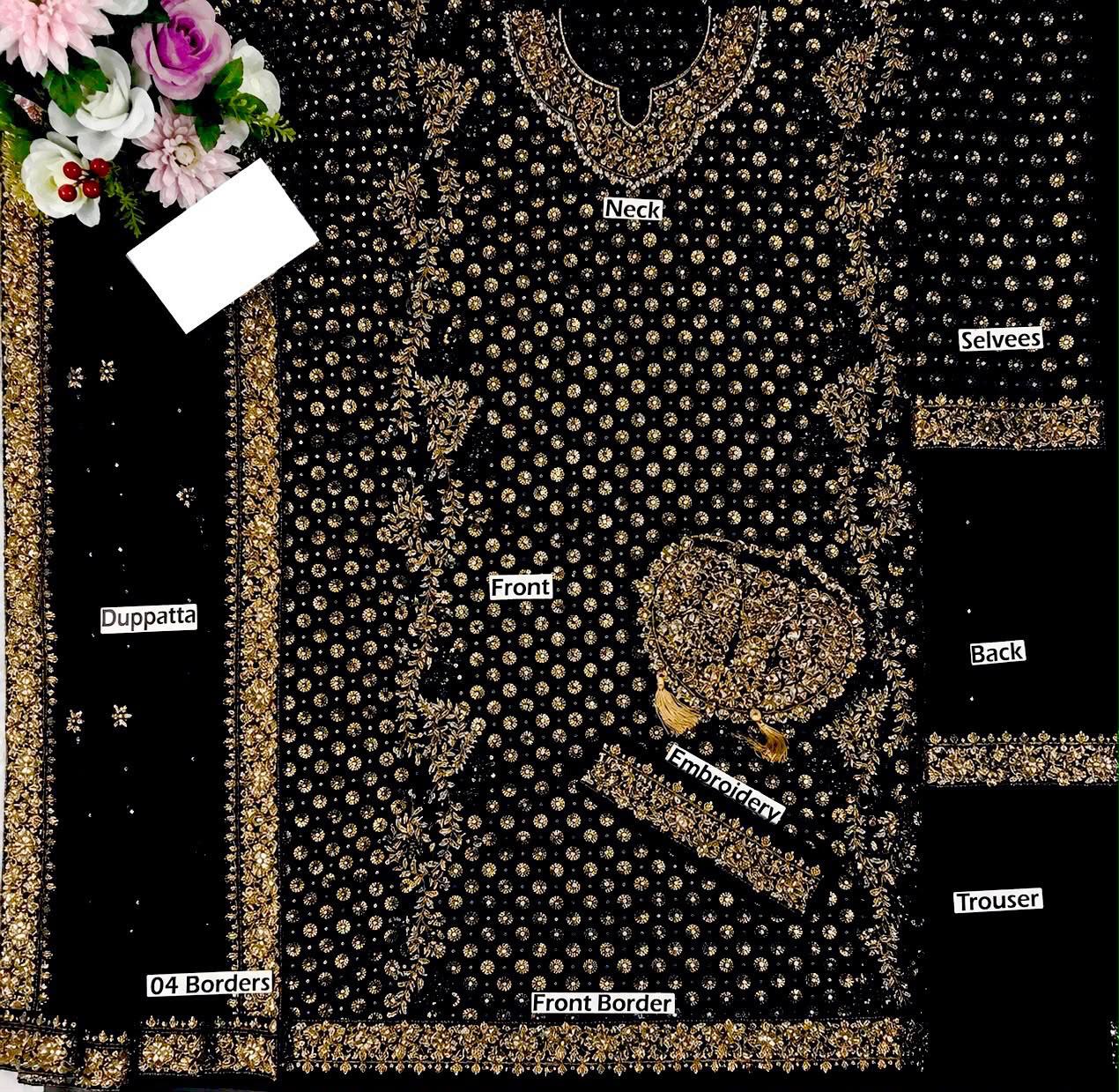 3-Piece Women's Heavy Embroidered Addawork Chiffon Suit with Potli Pouch & Raw Silk Trouser