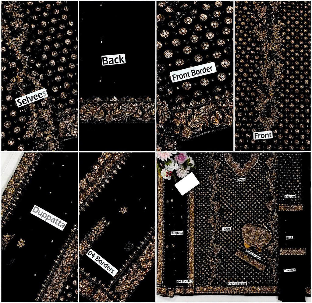 3-Piece Women's Heavy Embroidered Addawork Chiffon Suit with Potli Pouch & Raw Silk Trouser