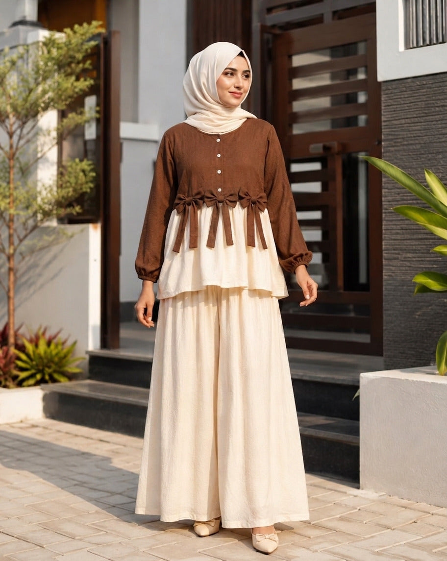 Ready to Wear Summer Cotton Short A-Line Frock Shirt with Front Bow & Flapper (2-Piece Set)