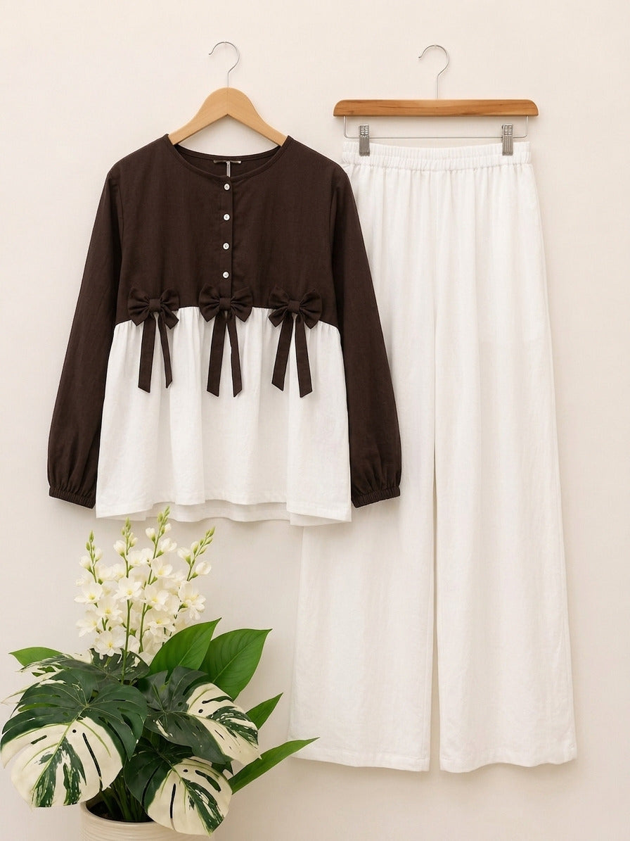 Ready to Wear Summer Cotton Short A-Line Frock Shirt with Front Bow & Flapper (2-Piece Set)