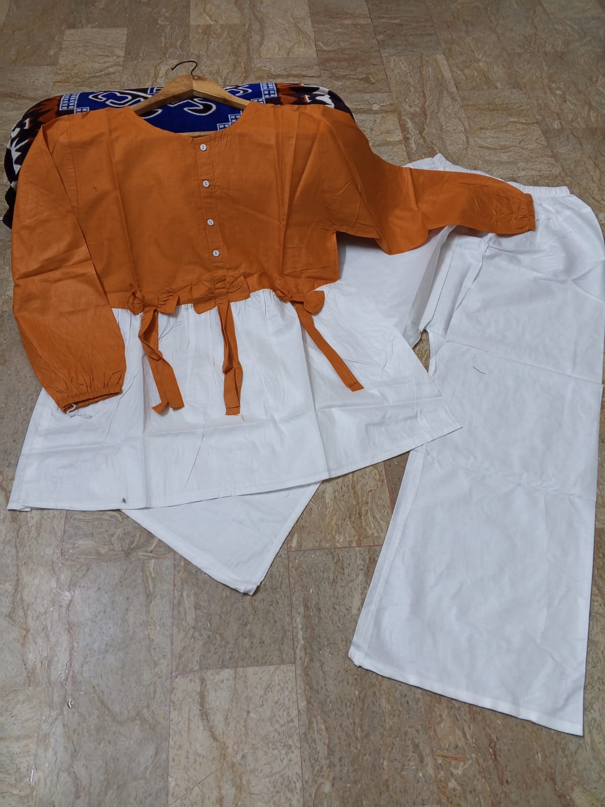 Ready to Wear Summer Cotton Short A-Line Frock Shirt with Front Bow & Flapper (2-Piece Set)