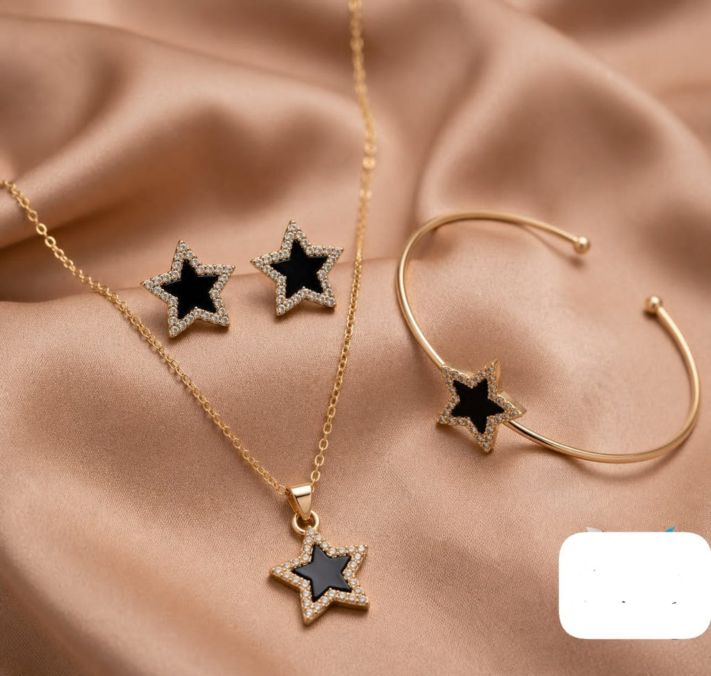 Elegant Black Star Jewelry Set – 3-in-1 Necklace, Earrings & Bracelet Combo