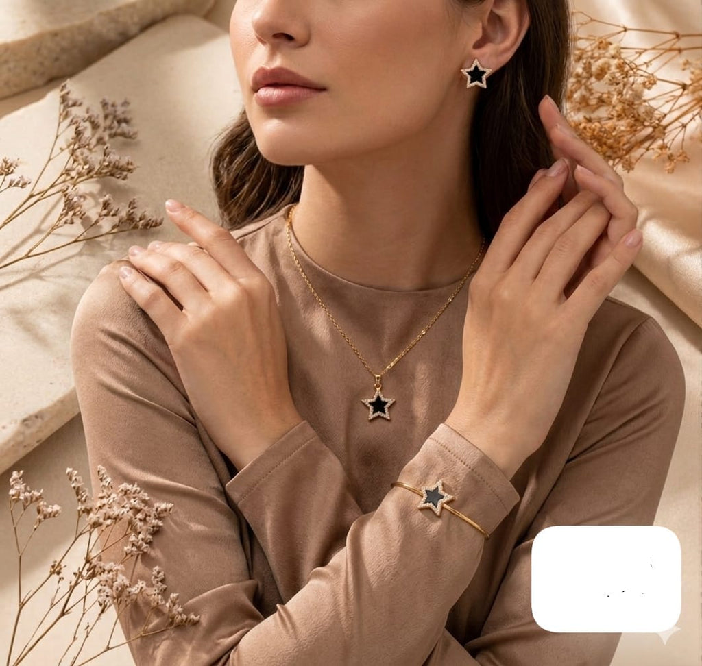 Elegant Black Star Jewelry Set – 3-in-1 Necklace, Earrings & Bracelet Combo